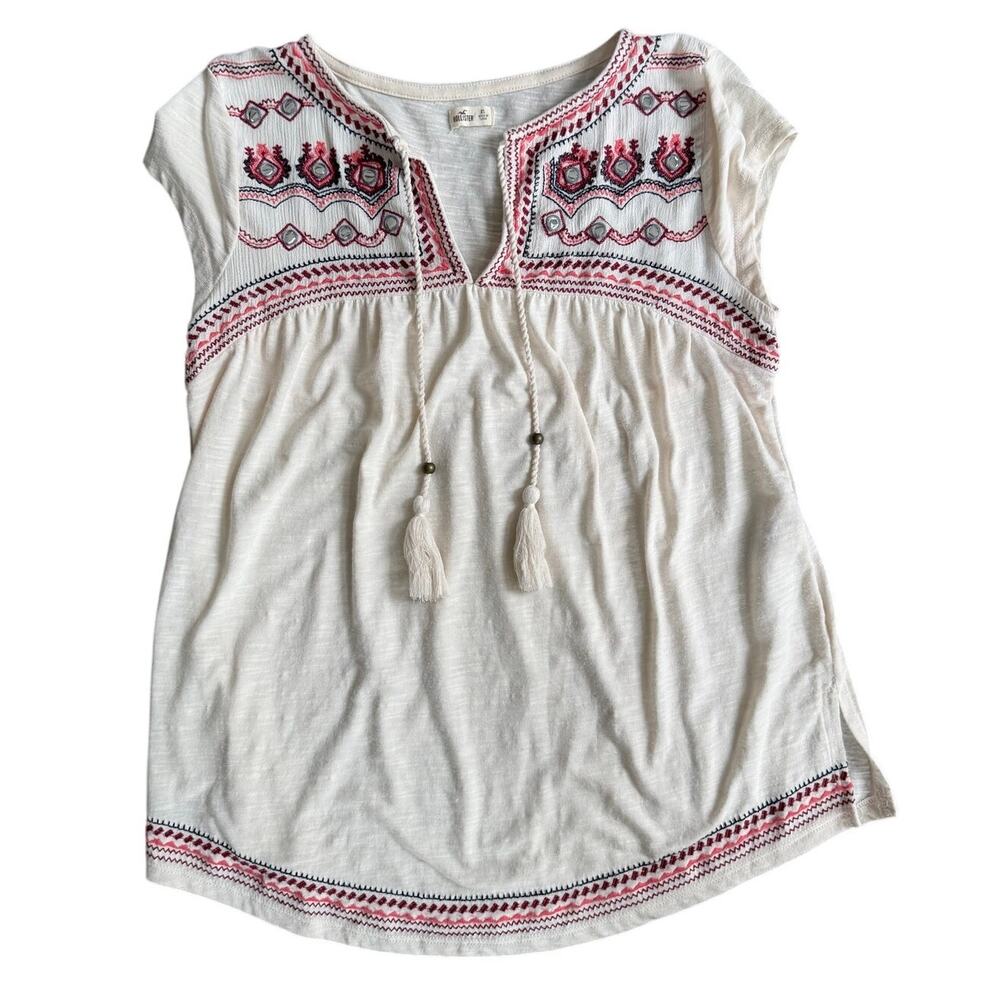 Hollister Boho Embroidered Tassel Tie Peasant Top Size XS